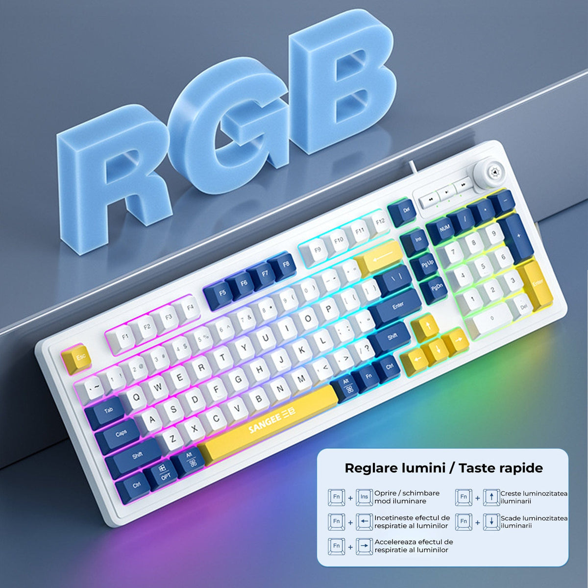 Tastatura cu fir Timebox, Iluminare RGB, Cablu 1, 5 m, Plastic ABS, Galben