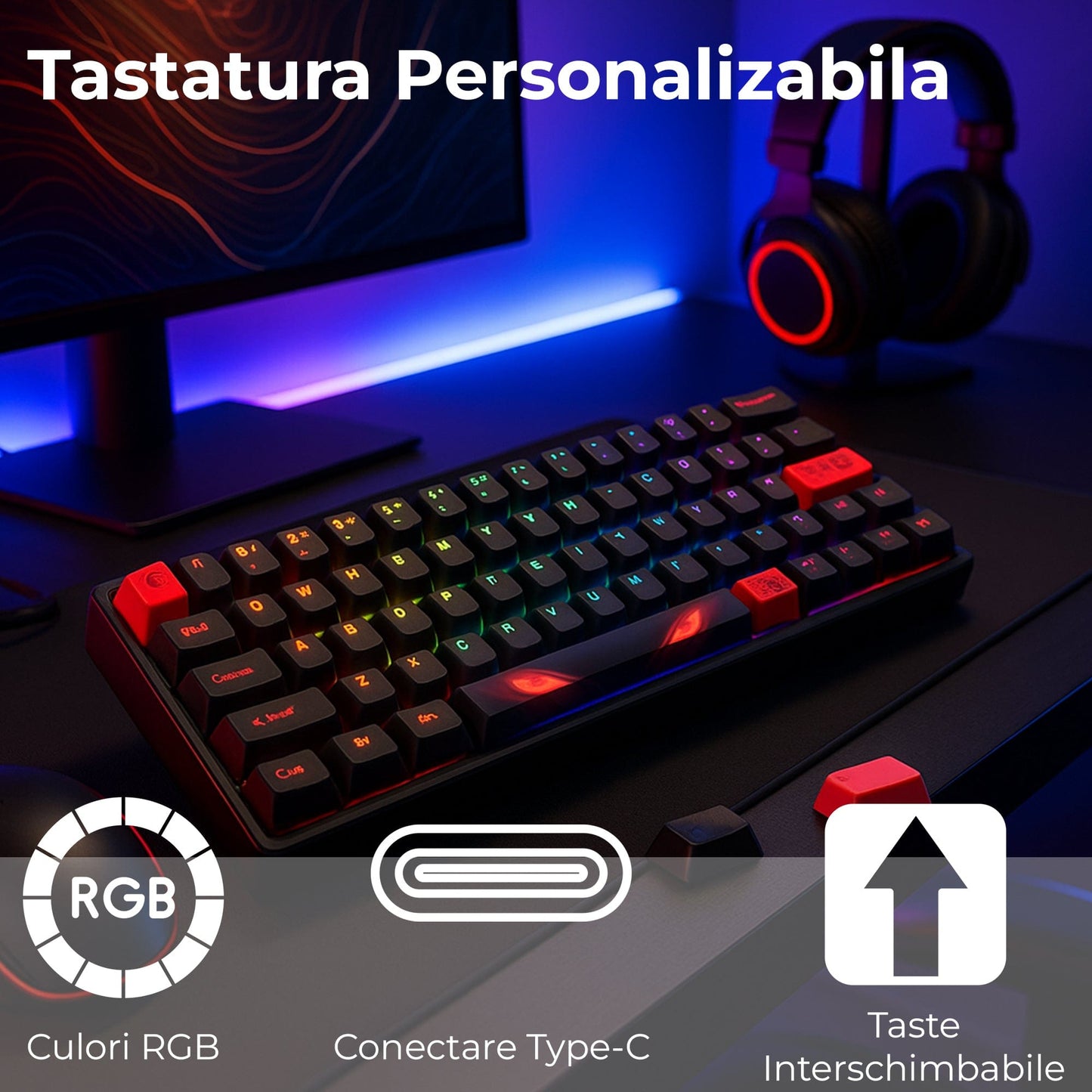 Tastatura mecanica gaming Timebox, 60%, Hot-Swap, USB-C, RGB programabil, Negru