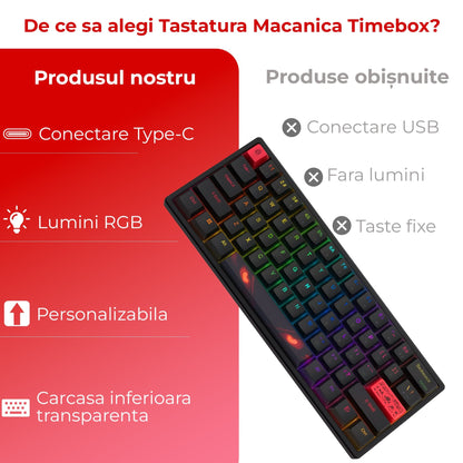 Tastatura mecanica gaming Timebox, 60%, Hot-Swap, USB-C, RGB programabil, Negru
