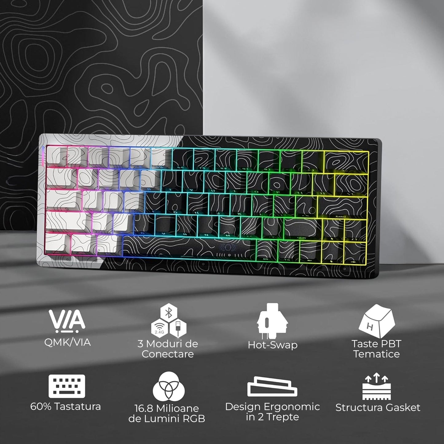 Tastatura mecanica wireless Timebox, 60%, Hot-Swap, Gasket, Alb