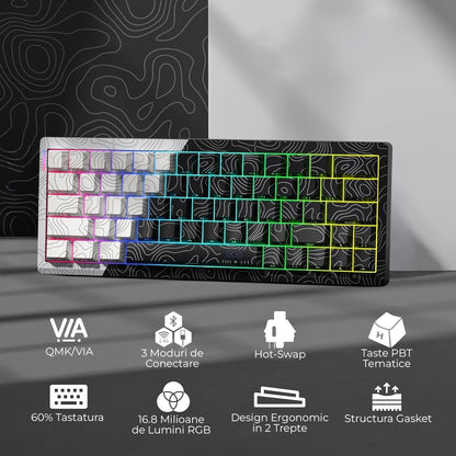 Tastatura mecanica wireless Timebox, 60%, Hot-Swap, Gasket, Alb