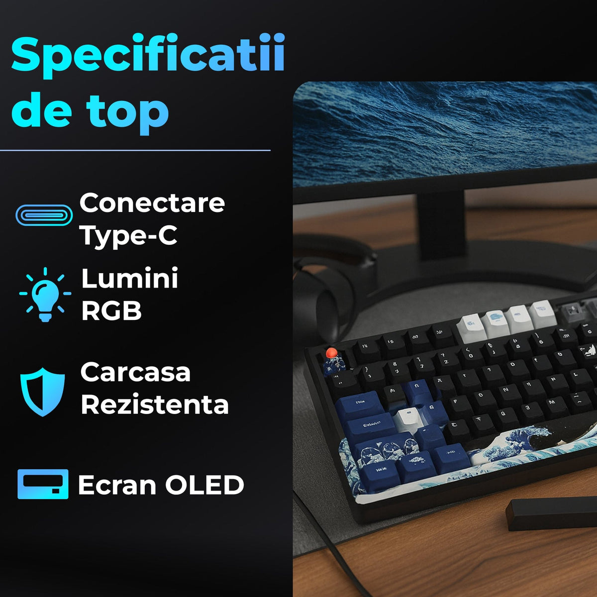 Tastatura mecanica gaming Timebox, 75%, Hot-Swap, Gasket, Negru
