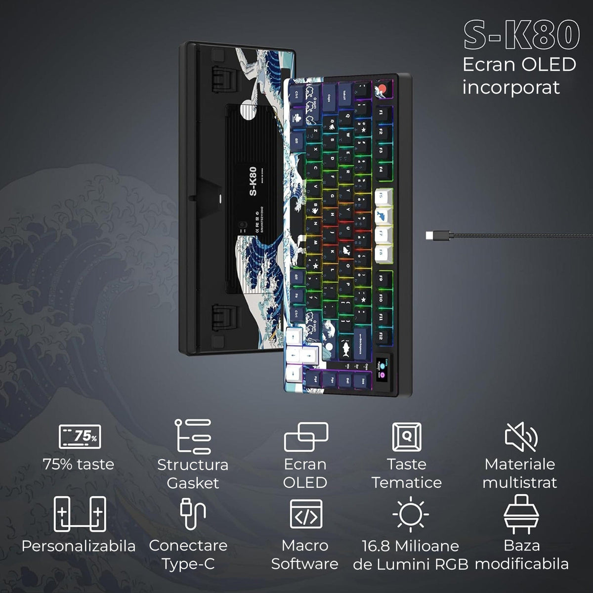 Tastatura mecanica gaming Timebox, 75%, Hot-Swap, Gasket, Negru