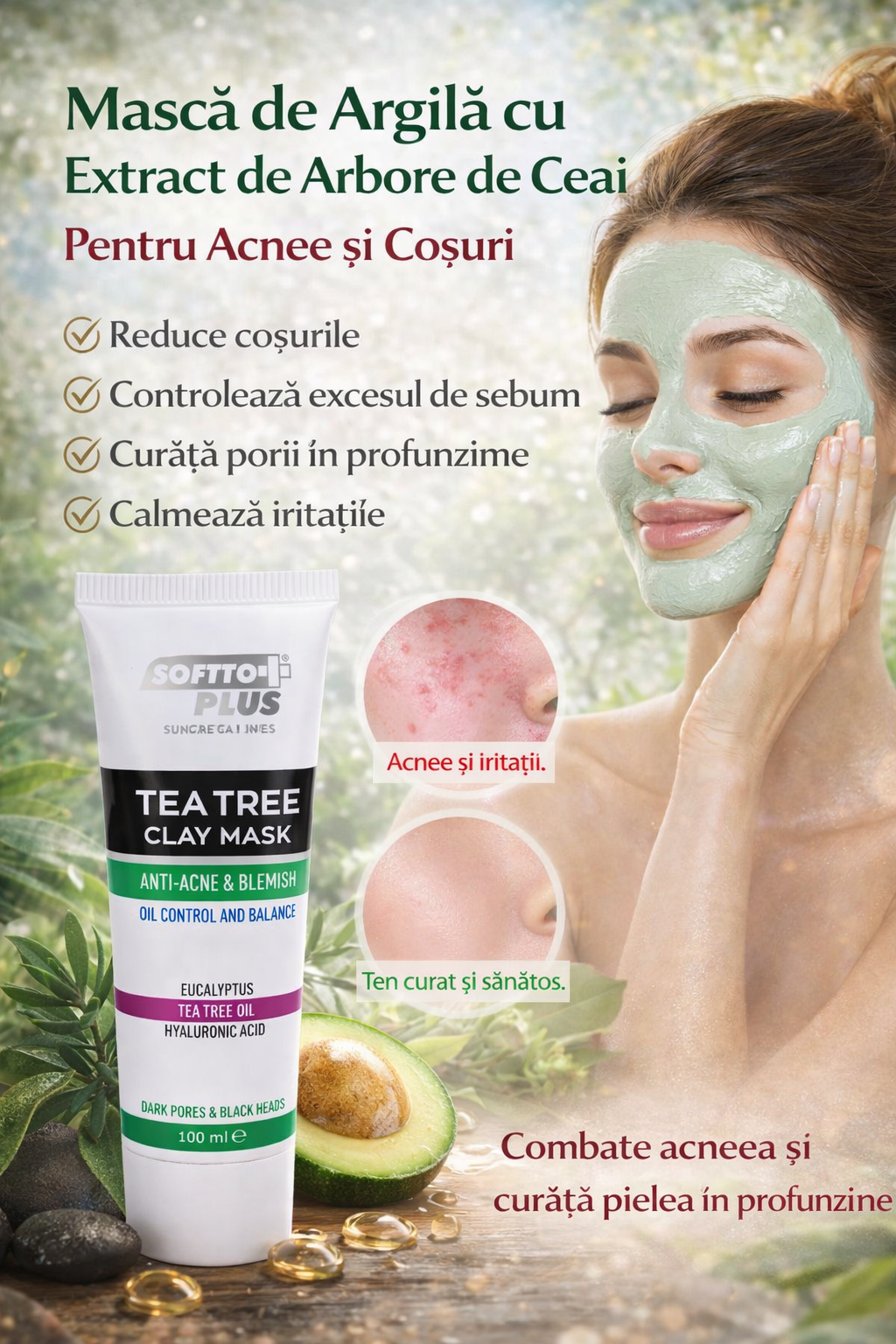 Mască De Argilă Cu Extract De Arbore De Ceai Pentru Acnee Și Coșuri – 100 ml