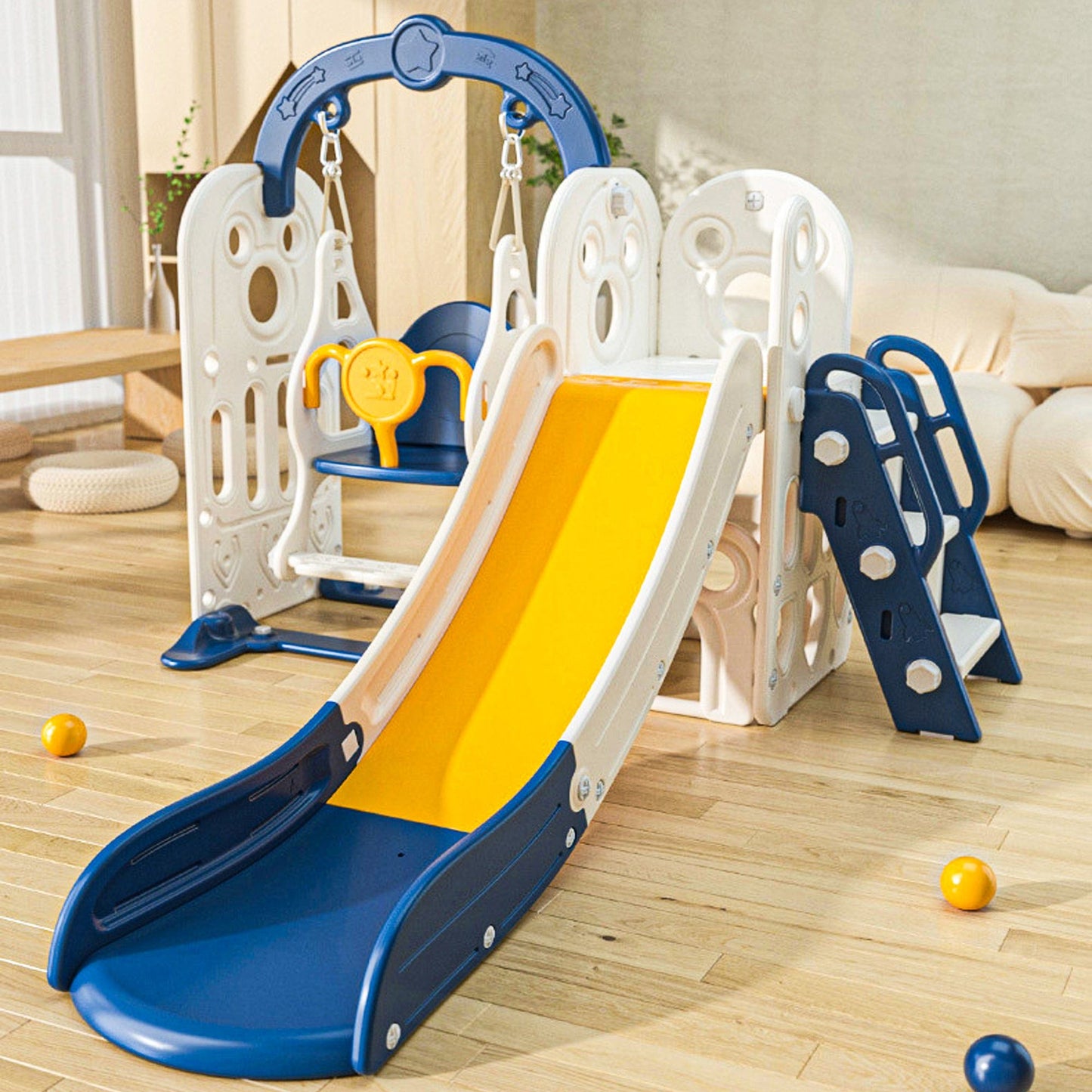 Set de Joaca 3 in 1 pentru Copii, Tobogan, Leagan si Cos de Baschet, Galben